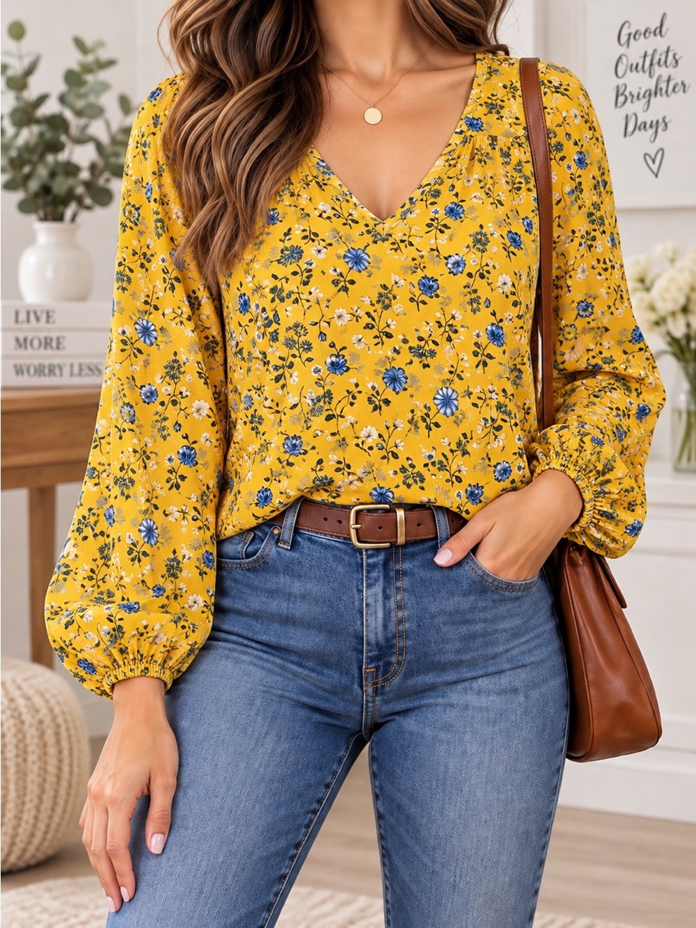 Old Navy Yellow Floral V-Neck Long Sleeve Blouse